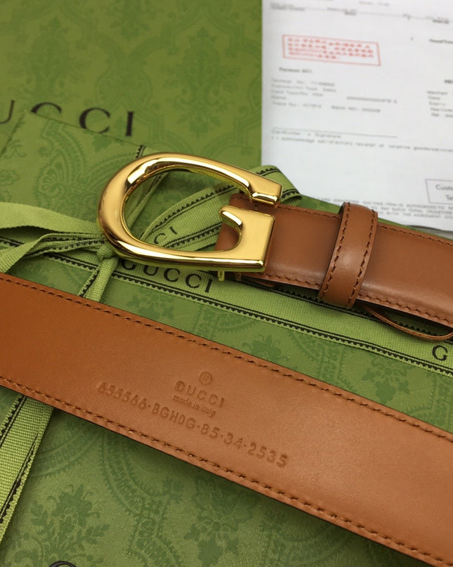 Gucci Thin Leather Belt 655566 – Tan with Gold G Buckle