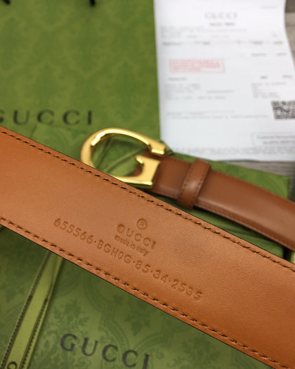 Gucci Thin Leather Belt 655566 – Tan with Gold G Buckle