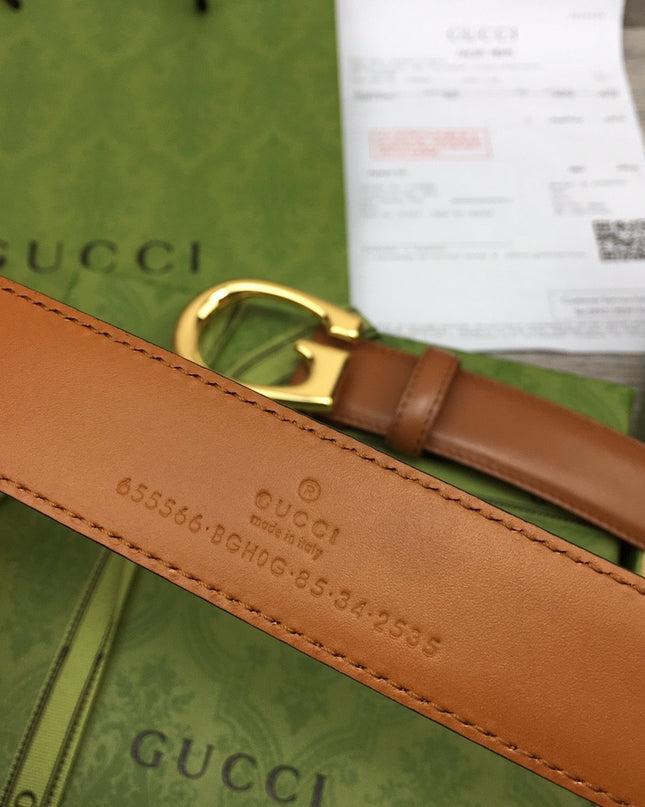 Gucci Thin Leather Belt 655566 – Tan with Gold G Buckle