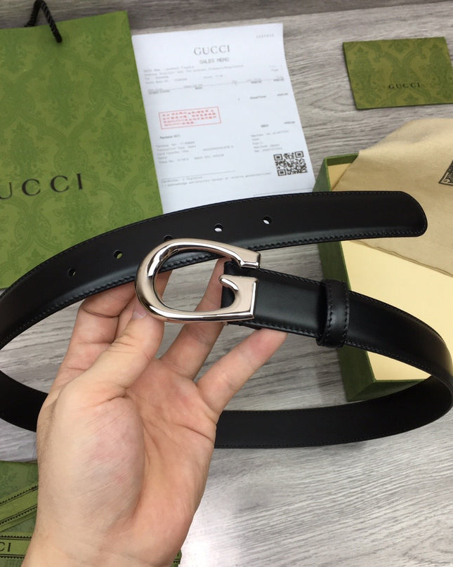 Gucci Thin Leather Belt with G Buckle – Black & Palladium