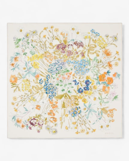 Gucci Watercolor Floral Silk Twill Carré Scarf – Ivory & Beige