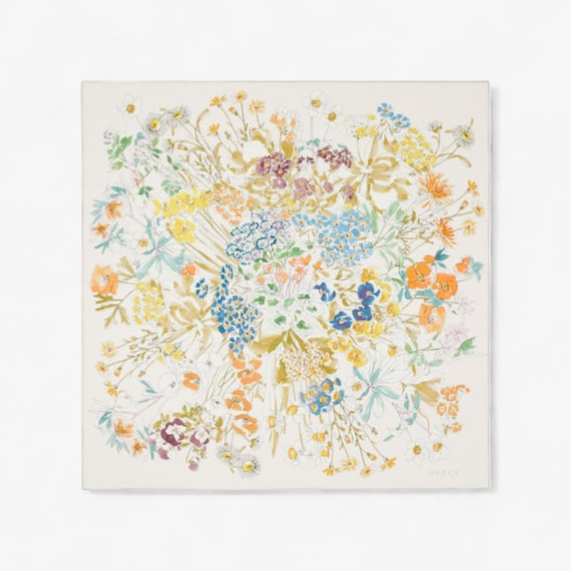 Gucci Watercolor Floral Silk Twill Carré Scarf – Ivory & Beige