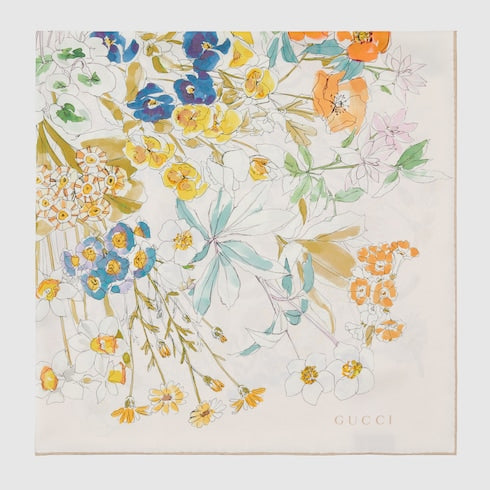 Gucci Watercolor Floral Silk Twill Carré Scarf – Ivory & Beige