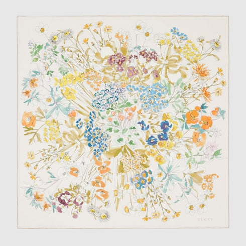 Gucci Watercolor Floral Silk Twill Carré Scarf – Ivory & Beige