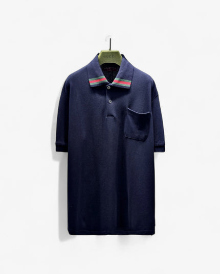 Gucci Web‑Stripe Collar Cotton‑Piqué Polo Shirt in Navy