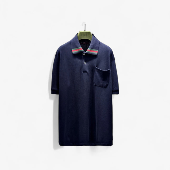 Gucci Web‑Stripe Collar Cotton‑Piqué Polo Shirt in Navy