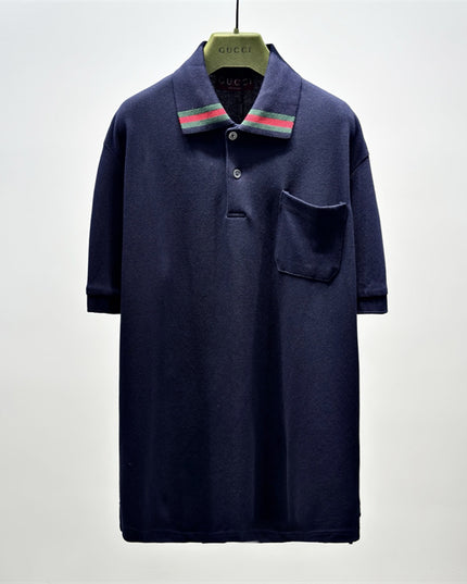 Gucci Web‑Stripe Collar Cotton‑Piqué Polo Shirt in Navy