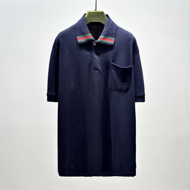 Gucci Web‑Stripe Collar Cotton‑Piqué Polo Shirt in Navy