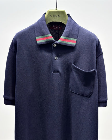 Gucci Web‑Stripe Collar Cotton‑Piqué Polo Shirt in Navy