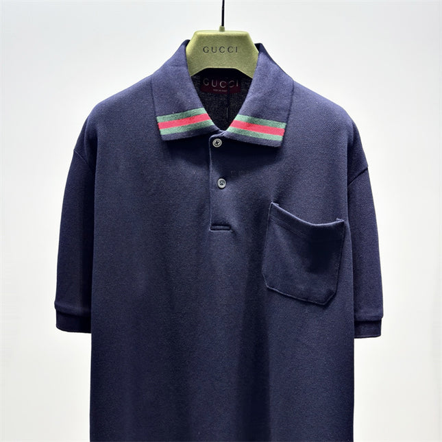 Gucci Web‑Stripe Collar Cotton‑Piqué Polo Shirt in Navy