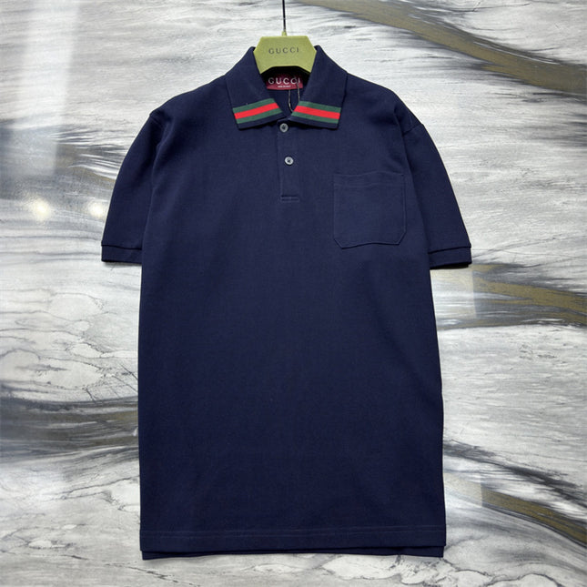 Gucci Web‑Stripe Collar Cotton‑Piqué Polo Shirt in Navy