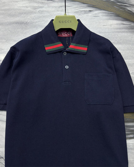 Gucci Web‑Stripe Collar Cotton‑Piqué Polo Shirt in Navy