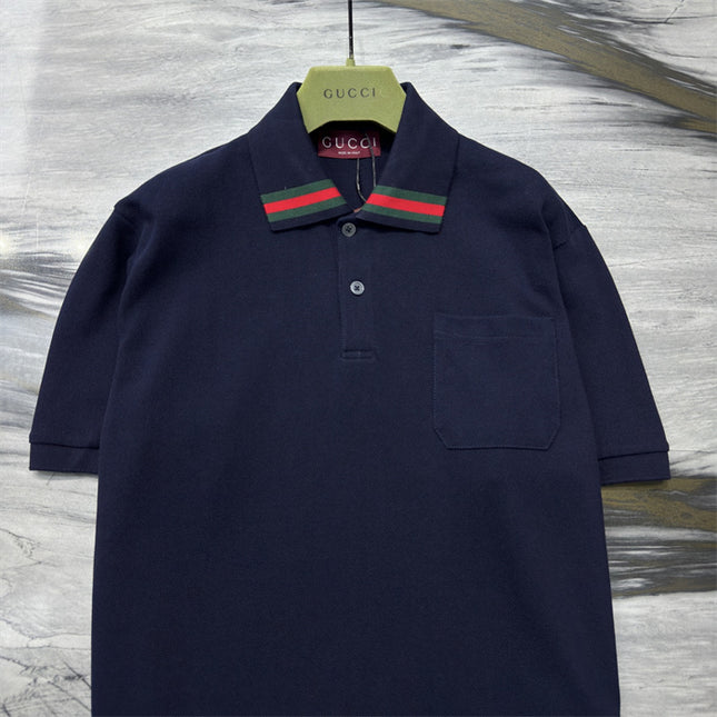 Gucci Web‑Stripe Collar Cotton‑Piqué Polo Shirt in Navy