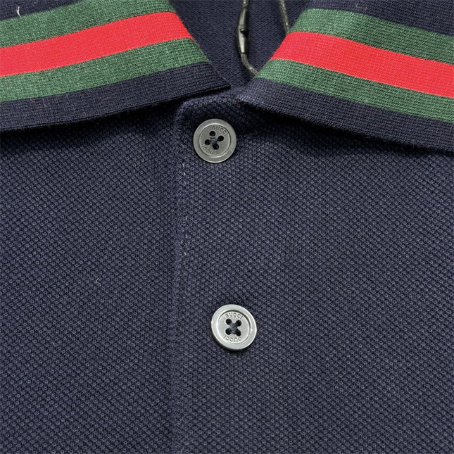 Gucci Web‑Stripe Collar Cotton‑Piqué Polo Shirt in Navy