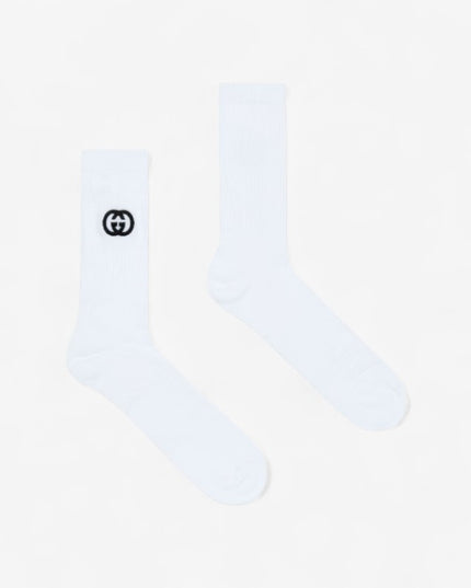 Gucci White Cotton Socks with Interlocking G Embroidery