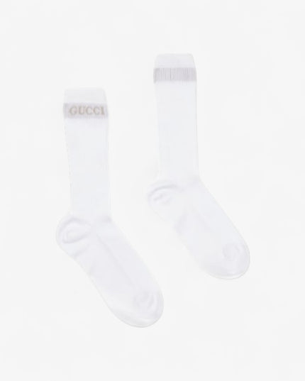 Gucci White Ribbed Cotton Socks with Intarsia Logo