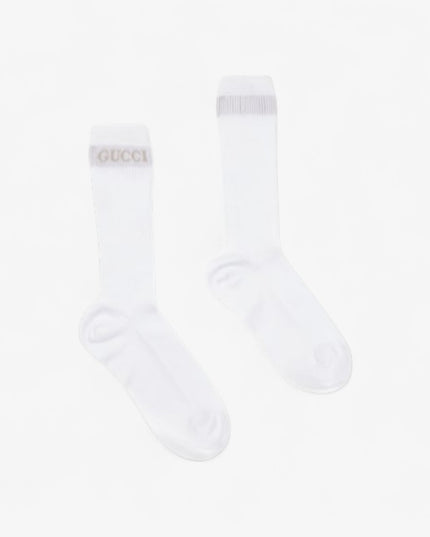 Gucci White Ribbed Cotton Socks with Intarsia Logo