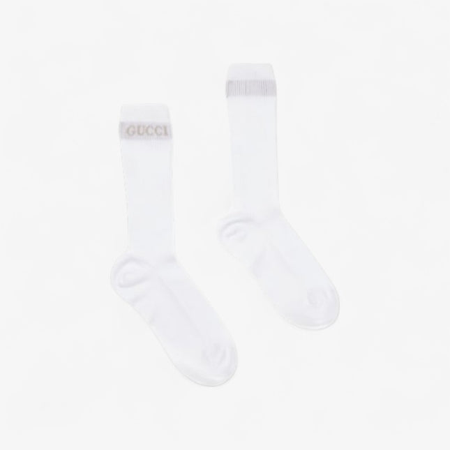 Gucci White Ribbed Cotton Socks with Intarsia Logo