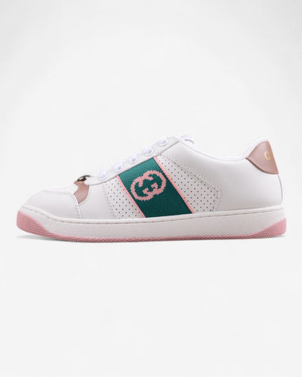 Gucci White & Pink Green Men's Sneaker with Interlocking Goodyear Stitch