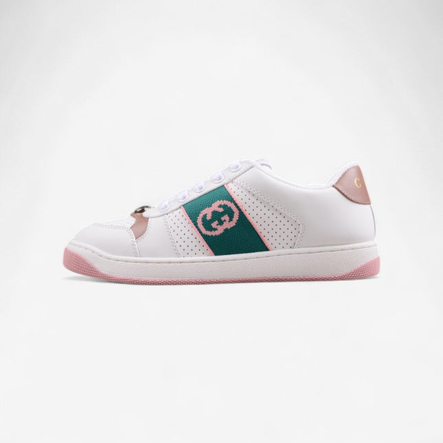 Gucci White & Pink Green Men's Sneaker with Interlocking Goodyear Stitch