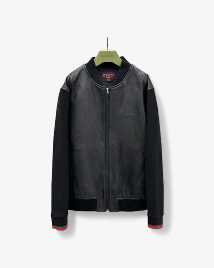 Gucci Leather Bomber Jacket with Web (Black)