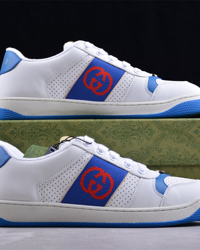 Gucci White & Blue Men's Sneaker with Interlocking Goodyear Stitching