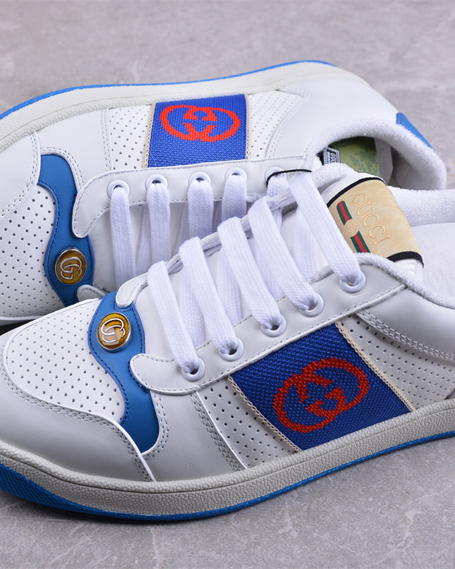 Gucci White & Blue Men's Sneaker with Interlocking Goodyear Stitching