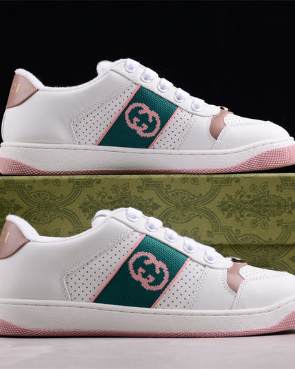 Gucci White & Pink Green Men's Sneaker with Interlocking Goodyear Stitch