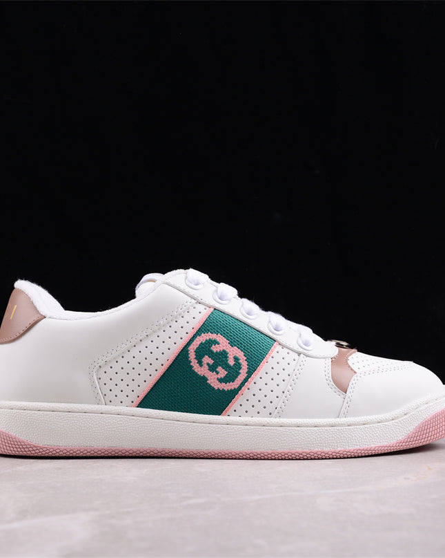 Gucci White & Pink Green Men's Sneaker with Interlocking Goodyear Stitch
