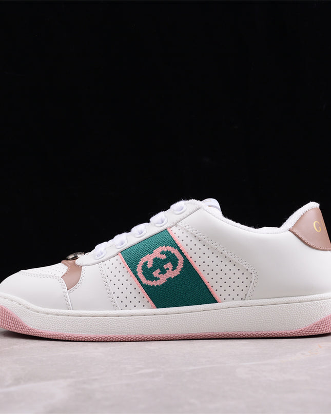 Gucci White & Pink Green Men's Sneaker with Interlocking Goodyear Stitch
