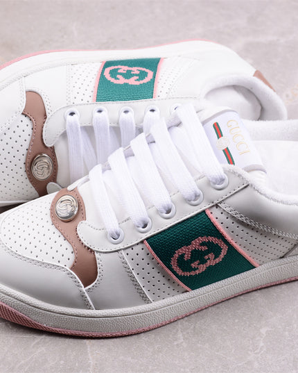 Gucci White & Pink Green Men's Sneaker with Interlocking Goodyear Stitch