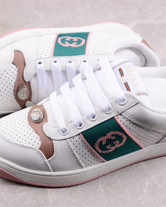 Gucci White & Pink Green Men's Sneaker with Interlocking Goodyear Stitch