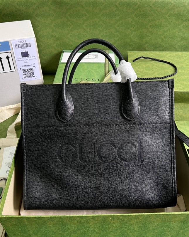 Gucci Embossed Logo Black Leather Tote Bag 674822