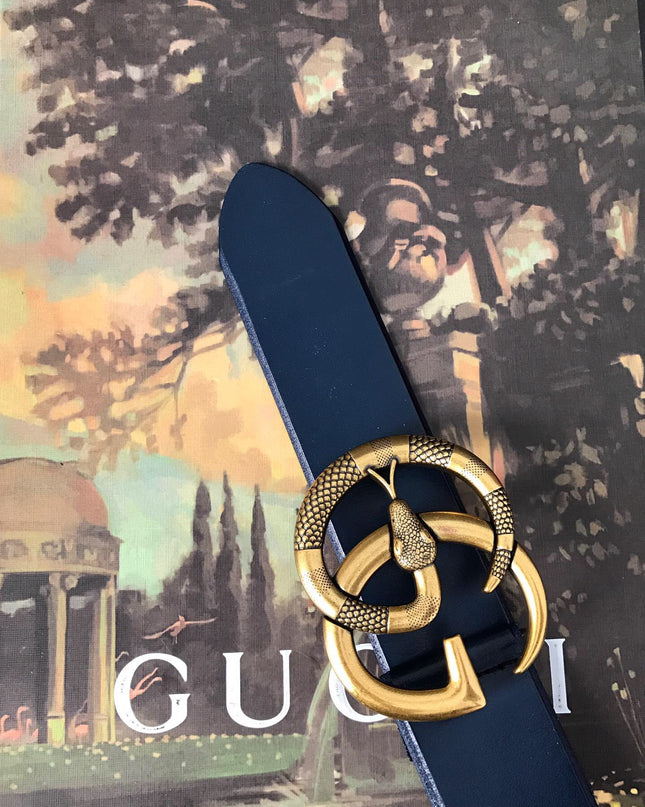 Gucci Leather Belt with Double G Snake Buckle – Navy Blue Leather