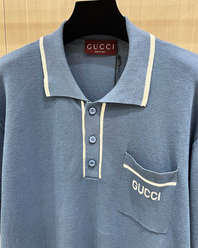 Gucci Cotton Polo Shirt With Gg Embroidery (Blue Knit Pocket Polo)