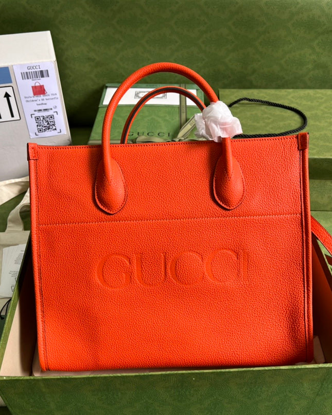 Gucci Embossed Logo Orange Leather Tote Bag 674822