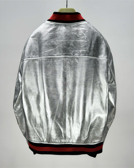 Gucci Silver Metallic Crinkle Leather Bomber Jacket