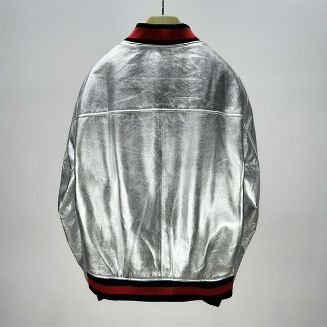 Gucci Silver Metallic Crinkle Leather Bomber Jacket