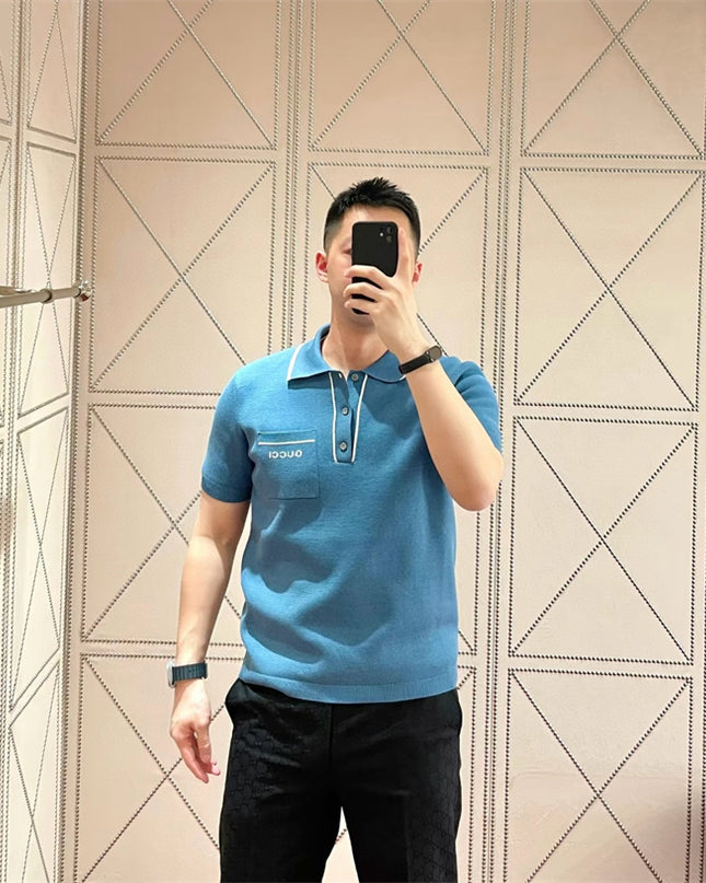 Gucci Cotton Polo Shirt With Gg Embroidery (Blue Knit Pocket Polo)