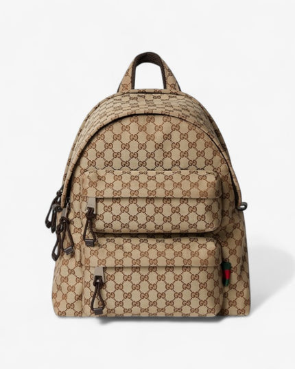 Beige backpack with brown pattern on a white background