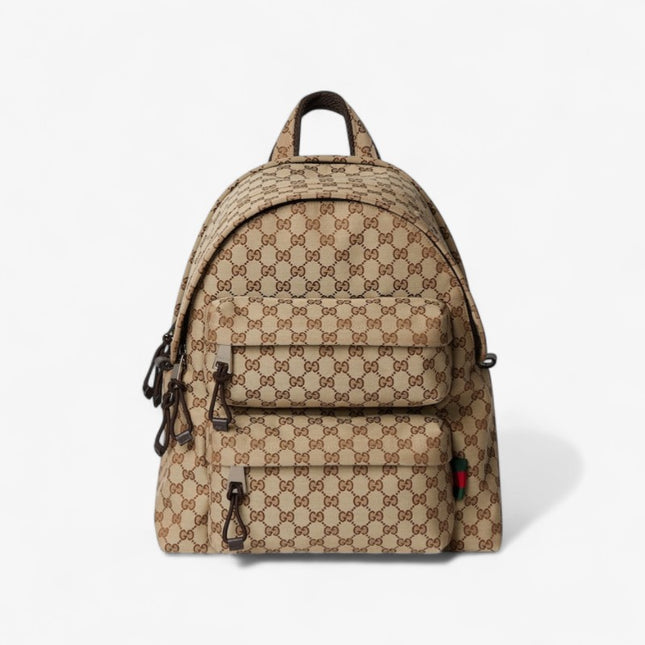Beige backpack with brown pattern on a white background