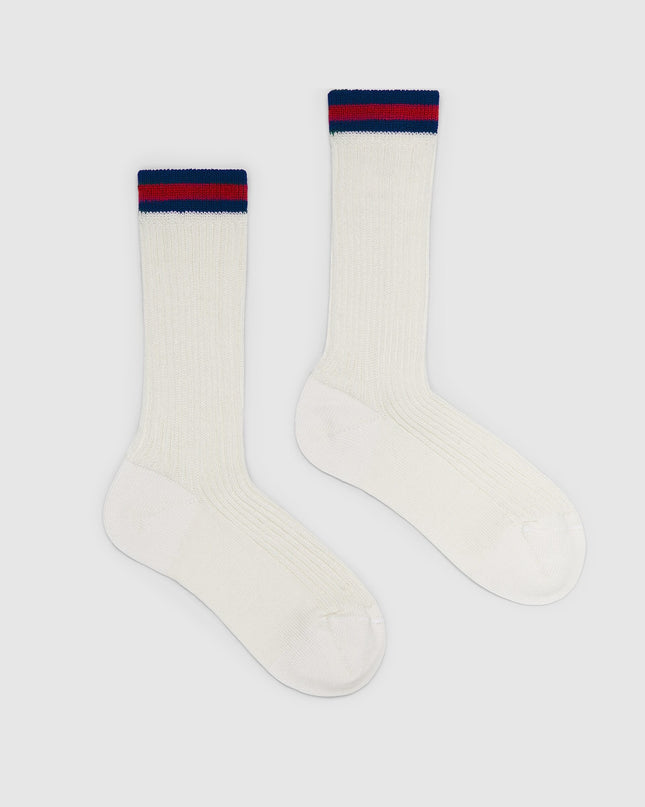 Gucci Kids White Ribbed Cotton Socks with Blue & Red Web Trim