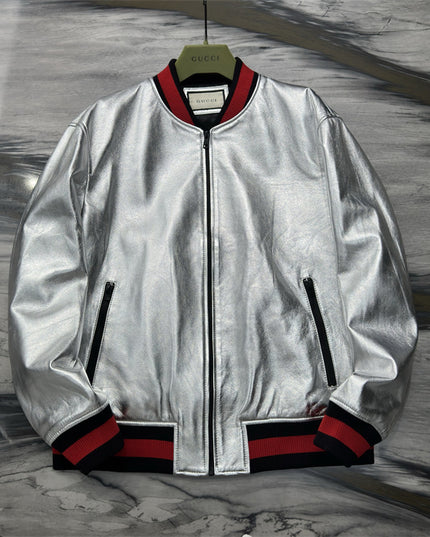 Gucci Silver Metallic Crinkle Leather Bomber Jacket