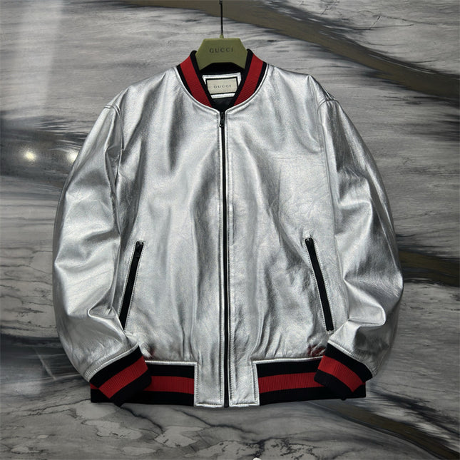 Gucci Silver Metallic Crinkle Leather Bomber Jacket