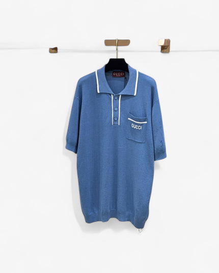 Gucci Cotton Polo Shirt With Gg Embroidery (Blue Knit Pocket Polo)