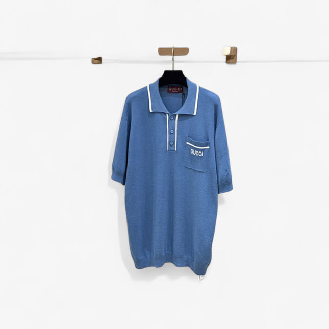 Gucci Cotton Polo Shirt With Gg Embroidery (Blue Knit Pocket Polo)