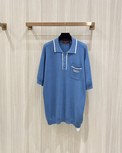 Gucci Cotton Polo Shirt With Gg Embroidery (Blue Knit Pocket Polo)