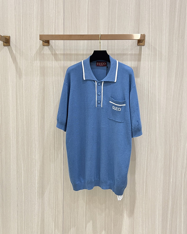 Gucci Cotton Polo Shirt With Gg Embroidery (Blue Knit Pocket Polo)