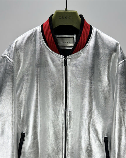 Gucci Silver Metallic Crinkle Leather Bomber Jacket
