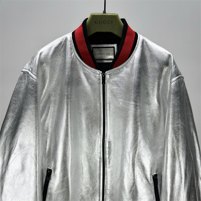 Gucci Silver Metallic Crinkle Leather Bomber Jacket